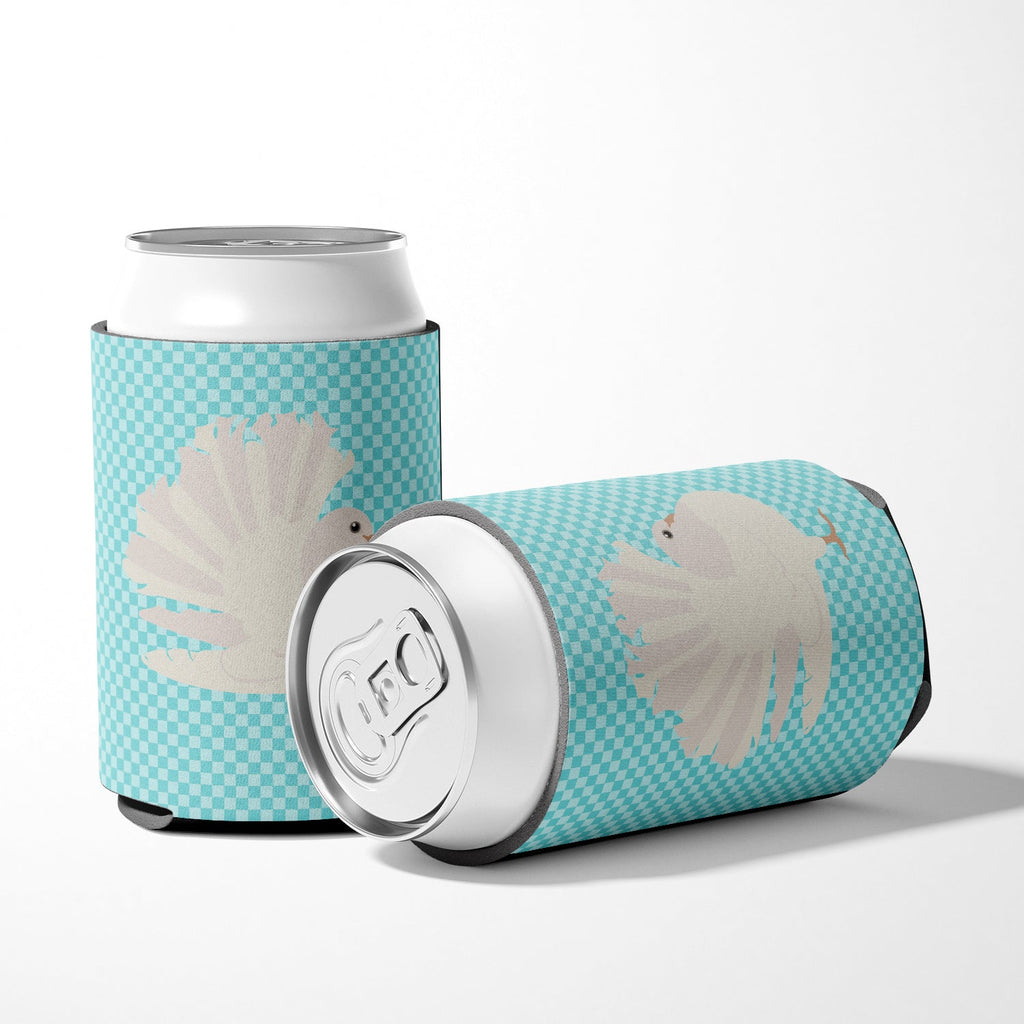 Silver Fantail Pigeon Blue Check Can or Bottle Hugger Cooler Sleeve for Standard 12 oz Cans, Insulated Foam Beer & Soda Can Hugger Reusable