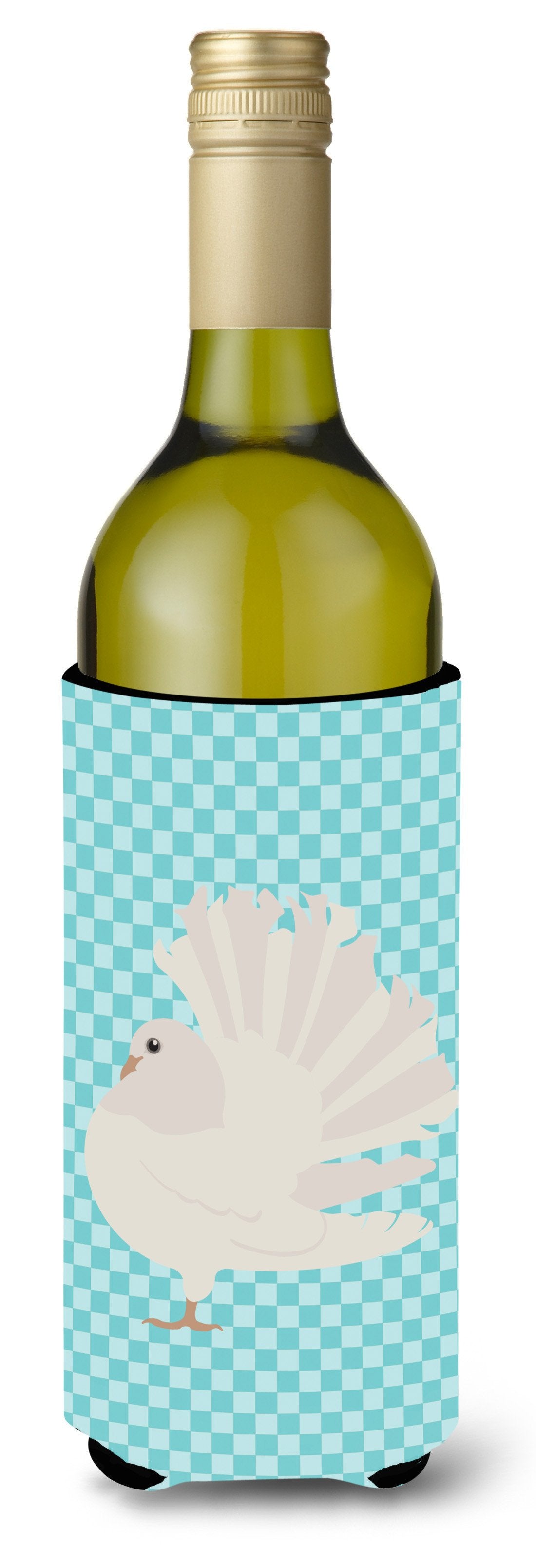 Silver Fantail Pigeon Blue Check Wine Bottle Hugger Gift Sleeve for Standard 750 ml Bottles, Insulated Reusable Also Fits Mini Shot & Pint Bottles