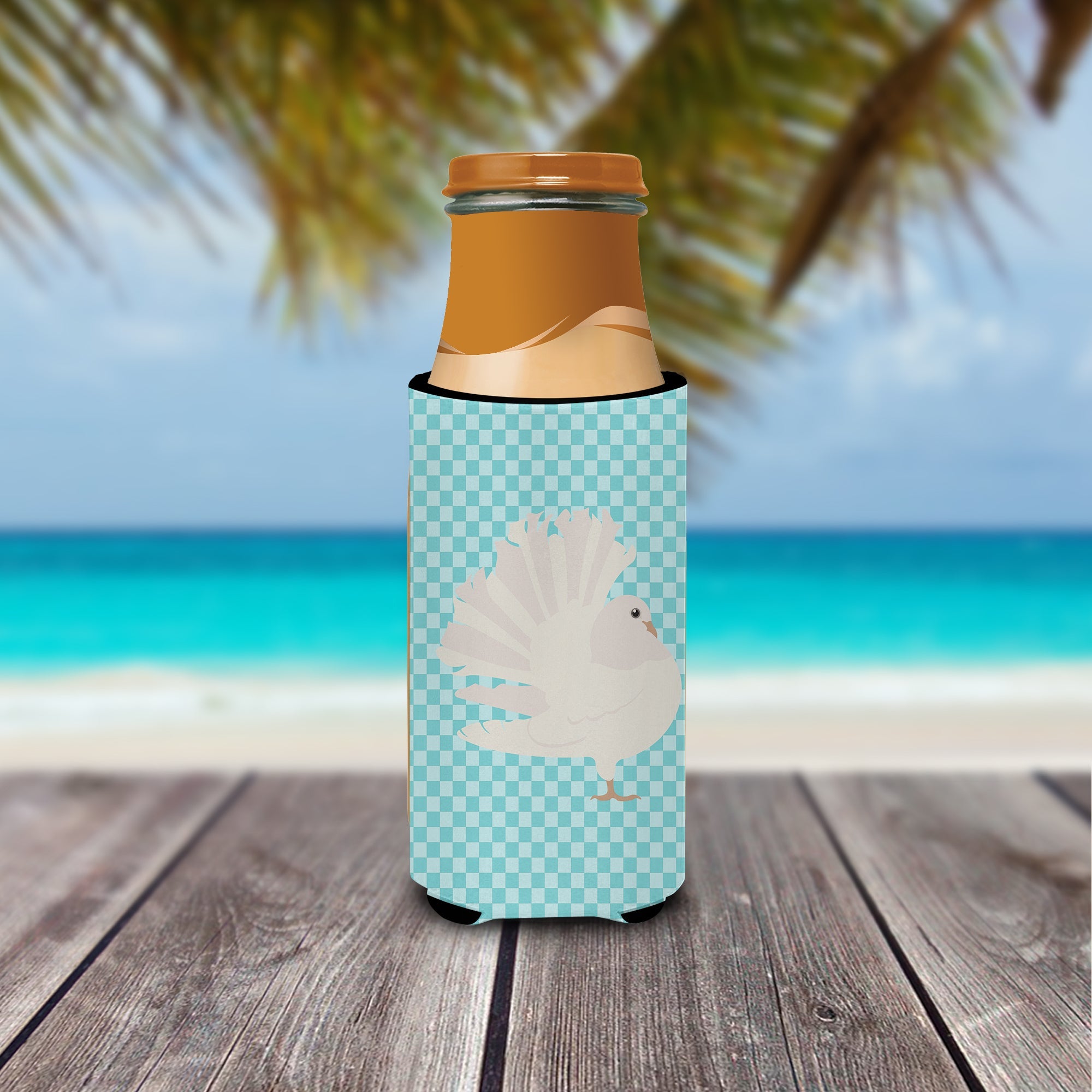 Silver Fantail Pigeon Blue Check Slim Can Hugger , Insulated Foam Hugger for 12 oz Slim Cans, Beer Bottles & Water Bottles, Printed in USA