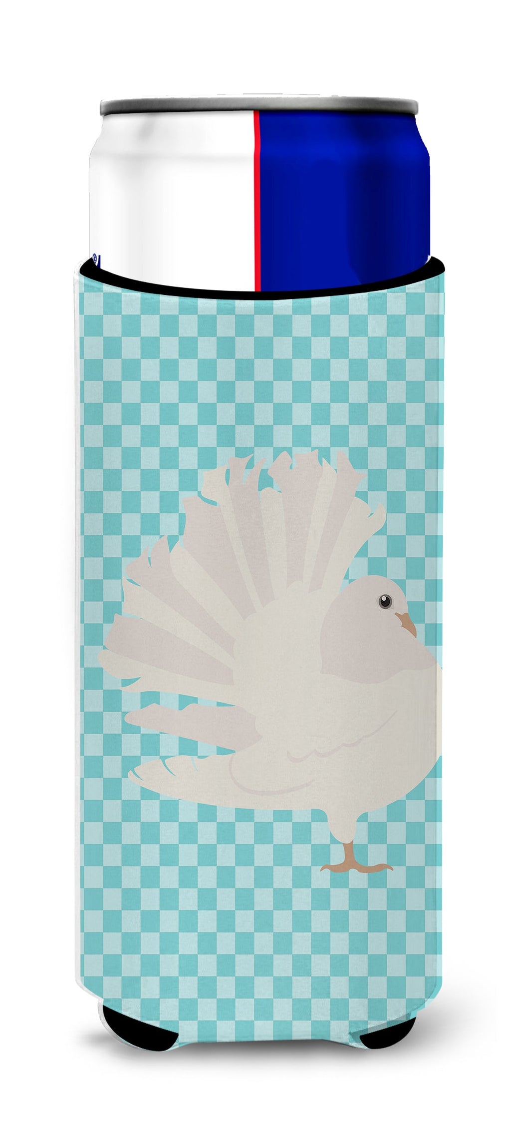 Silver Fantail Pigeon Blue Check Slim Can Hugger , Insulated Foam Hugger for 12 oz Slim Cans, Beer Bottles & Water Bottles, Printed in USA