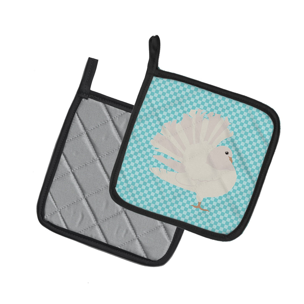 Silver Fantail Pigeon Blue Check Pot Holder Set of 2 Heat Resistant Quilted Hot Pads 7.5 x 7.5 Inch, Insulated Kitchen Trivets for Cooking & Baking