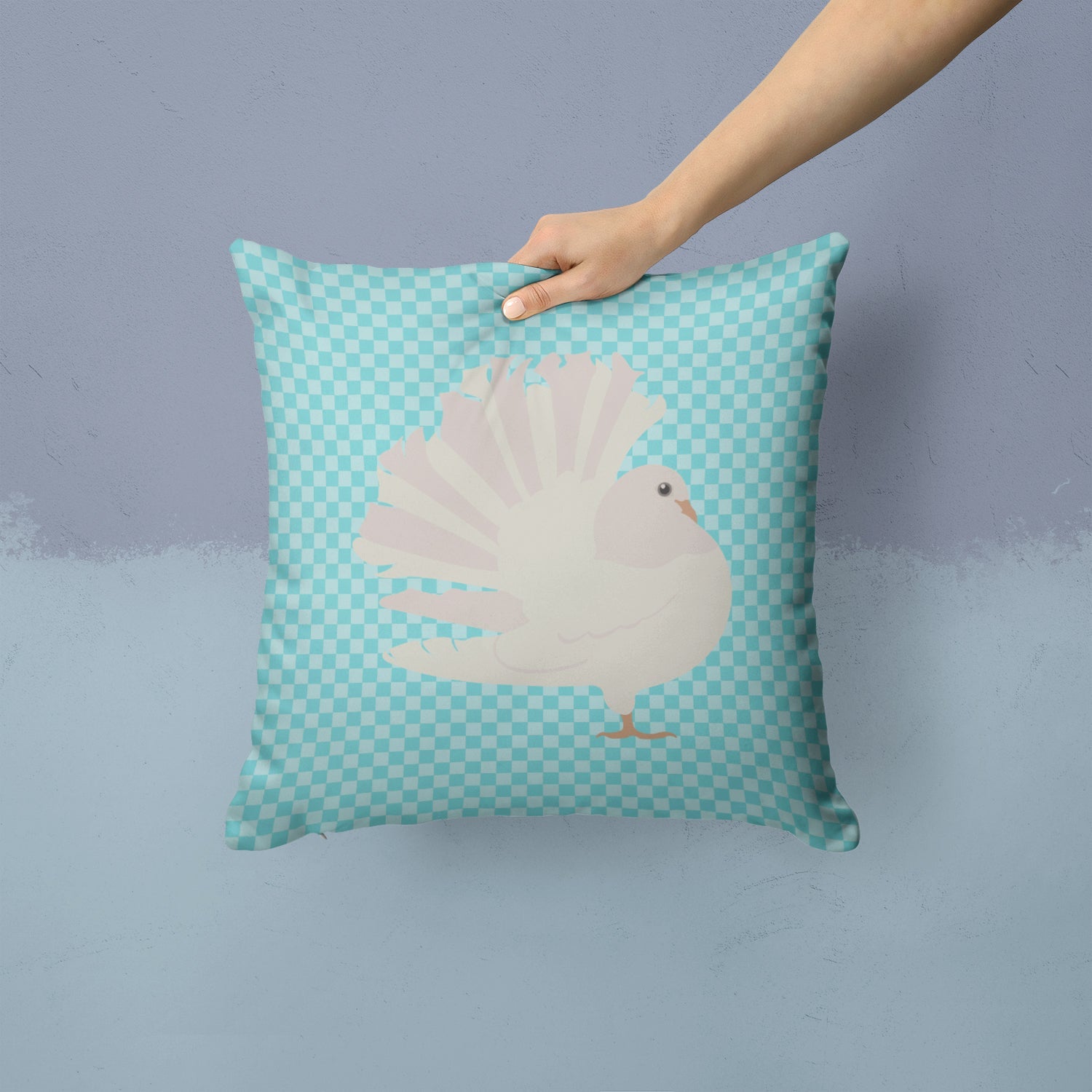 Silver Fantail Pigeon Blue Check Decorative Throw Pillow 14x14 Indoor Outdoor Accent Cushion, Fabric Cover with Insert for Sofa, Bed, Porch & Living Room