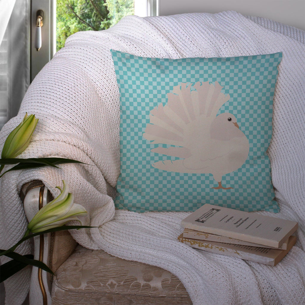 Silver Fantail Pigeon Blue Check Decorative Throw Pillow 14x14 Indoor Outdoor Accent Cushion, Fabric Cover with Insert for Sofa, Bed, Porch & Living Room