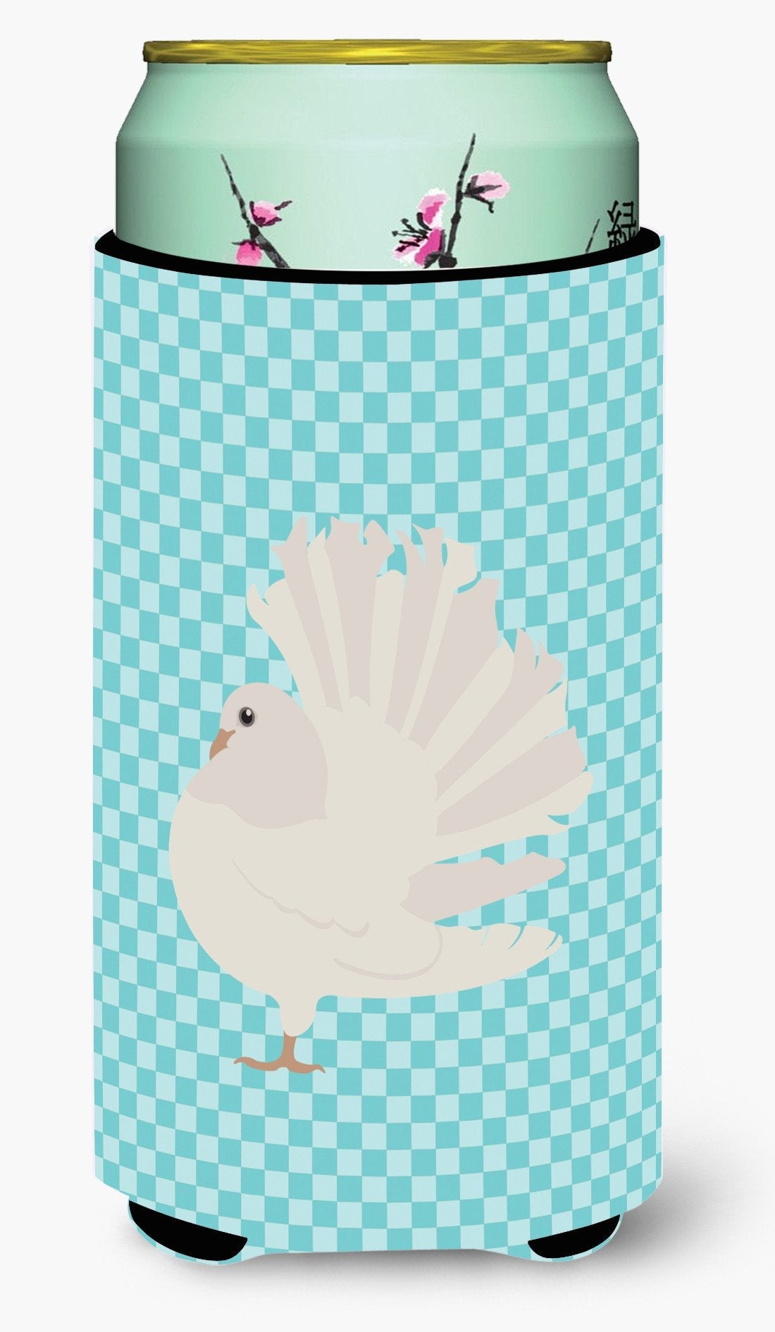 Silver Fantail Pigeon Blue Check Tall Boy Hugger Can Cooler Sleeve Machine Washable Drink Collapsible Insulator Beverage Insulated Holder