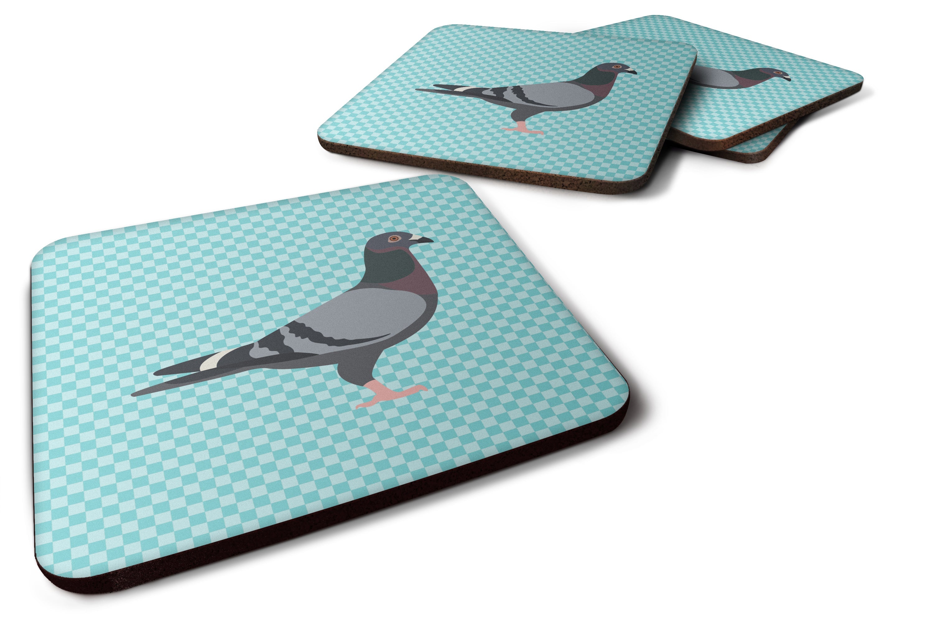 Racing Pigeon Blue Check Foam Coasters Set of 4 Cup Coasters for Indoor Outdoor, Tabletop Protection, Anti Slip, Mouse pad Material