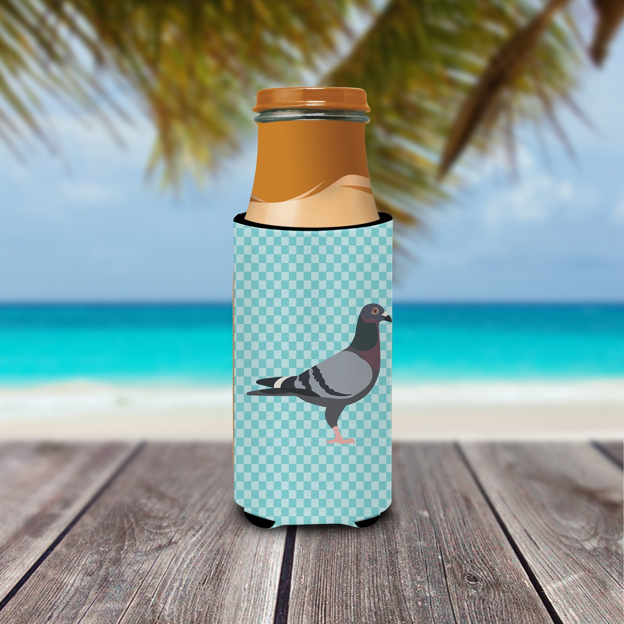 Racing Pigeon Blue Check Slim Can Hugger , Insulated Foam Hugger for 12 oz Slim Cans, Beer Bottles & Water Bottles, Printed in USA