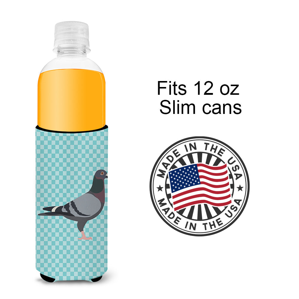 Racing Pigeon Blue Check Slim Can Hugger , Insulated Foam Hugger for 12 oz Slim Cans, Beer Bottles & Water Bottles, Printed in USA