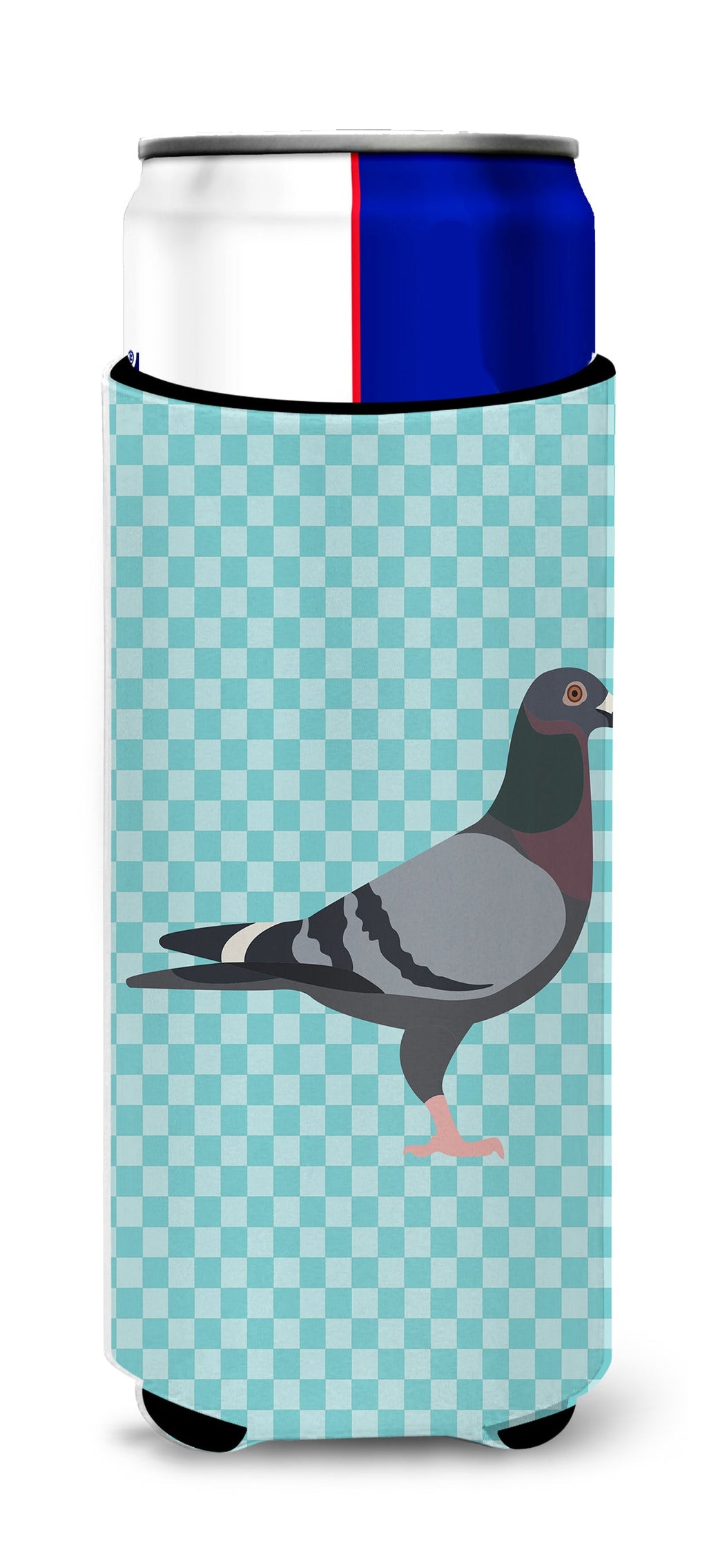 Racing Pigeon Blue Check Slim Can Hugger , Insulated Foam Hugger for 12 oz Slim Cans, Beer Bottles & Water Bottles, Printed in USA