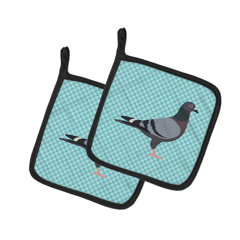Racing Pigeon Blue Check Pot Holder Set of 2 Heat Resistant Quilted Hot Pads 7.5 x 7.5 Inch, Insulated Kitchen Trivets for Cooking & Baking