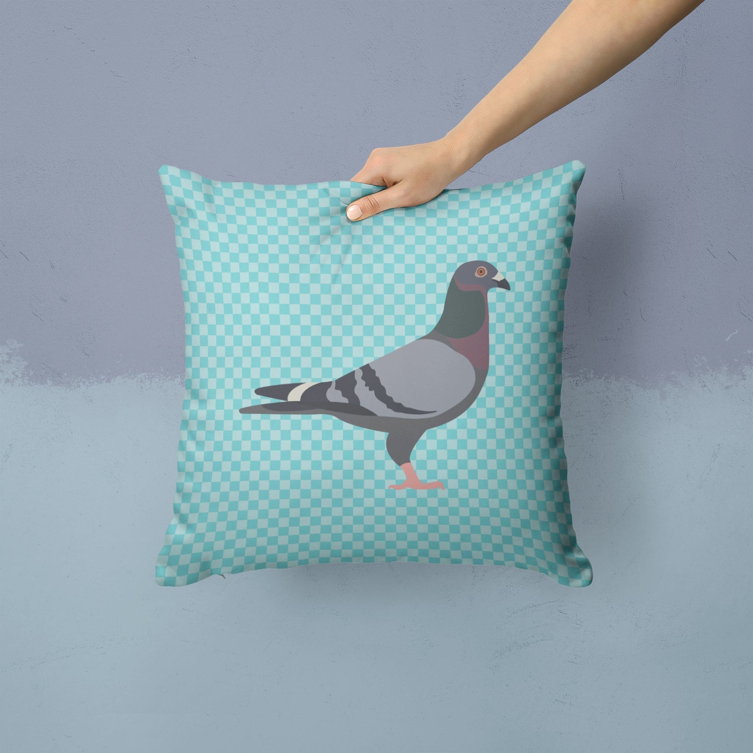 Racing Pigeon Blue Check Decorative Throw Pillow 14x14 Indoor Outdoor Accent Cushion, Fabric Cover with Insert for Sofa, Bed, Porch & Living Room