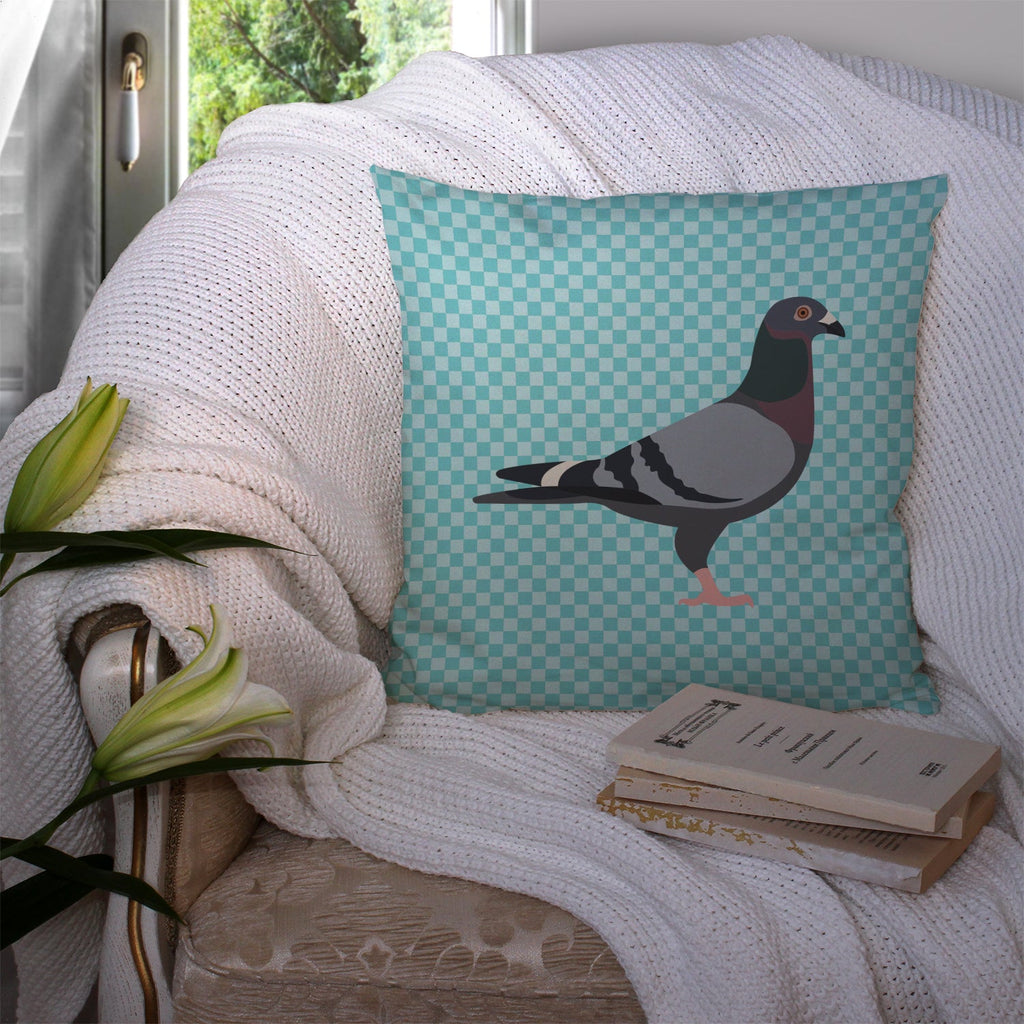Racing Pigeon Blue Check Decorative Throw Pillow 14x14 Indoor Outdoor Accent Cushion, Fabric Cover with Insert for Sofa, Bed, Porch & Living Room