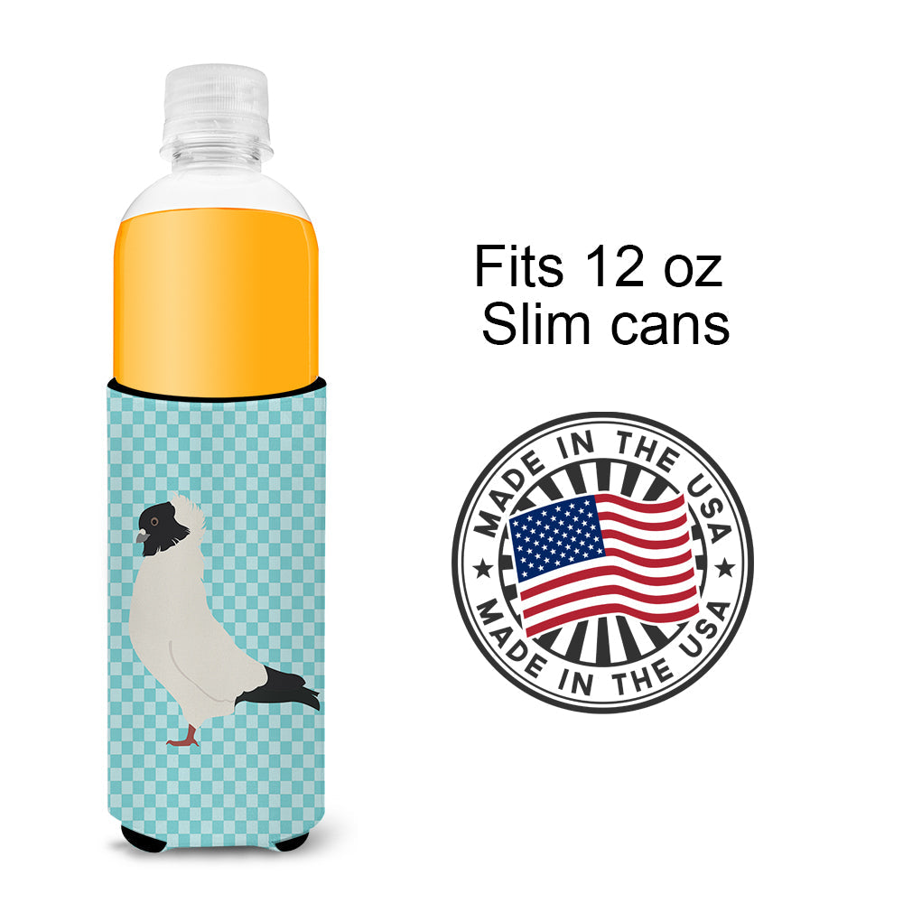 Nun Pigeon Blue Check Slim Can Hugger , Insulated Foam Hugger for 12 oz Slim Cans, Beer Bottles & Water Bottles, Printed in USA