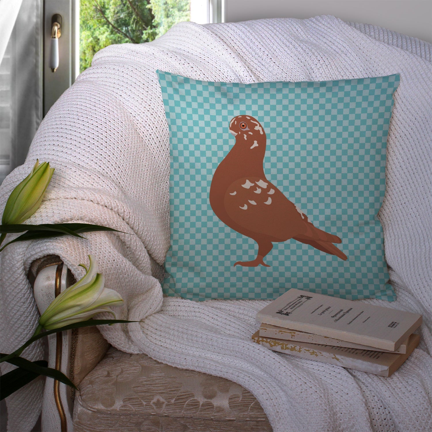 African Owl Pigeon Blue Check Decorative Throw Pillow 14x14 Indoor Outdoor Accent Cushion, Fabric Cover with Insert for Sofa, Bed, Porch & Living Room