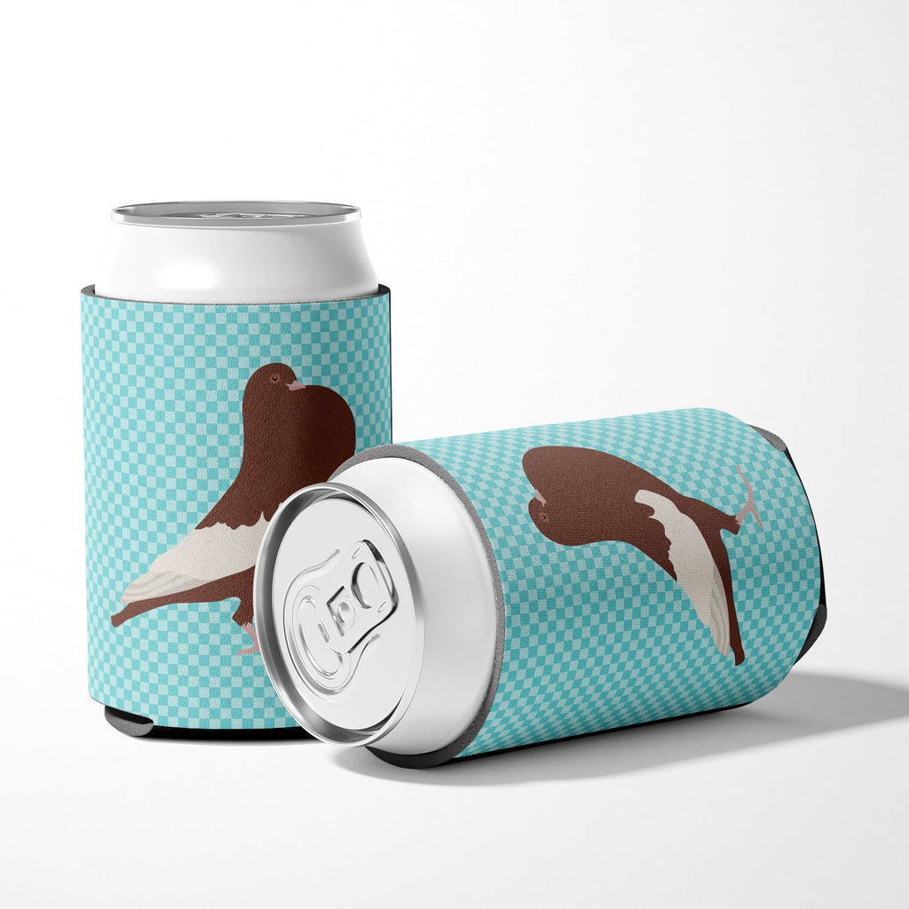 English Pouter Pigeon Blue Check Can or Bottle Hugger Cooler Sleeve for Standard 12 oz Cans, Insulated Foam Beer & Soda Can Hugger Reusable