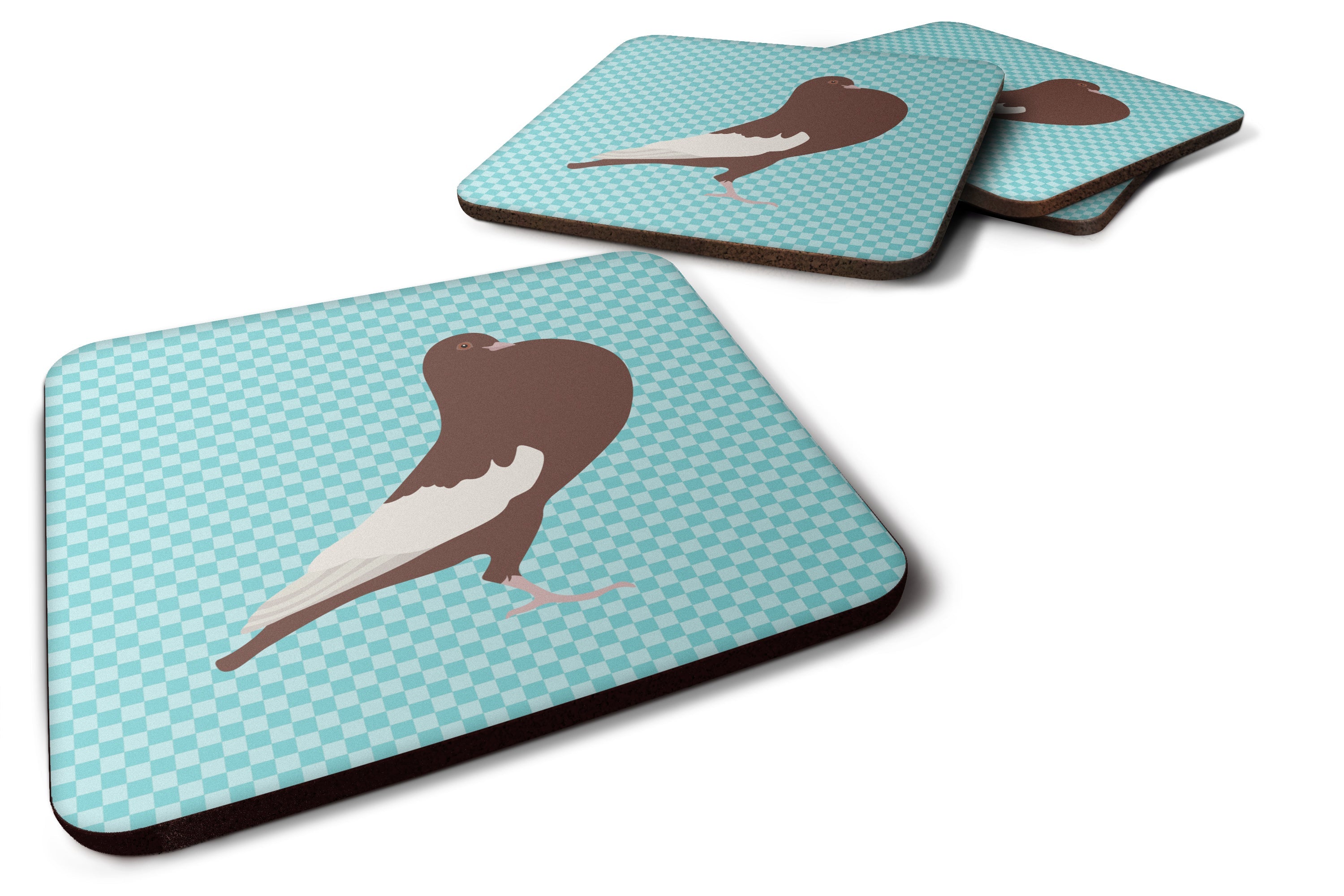 English Pouter Pigeon Blue Check Foam Coasters Set of 4 Cup Coasters for Indoor Outdoor, Tabletop Protection, Anti Slip, Mouse pad Material