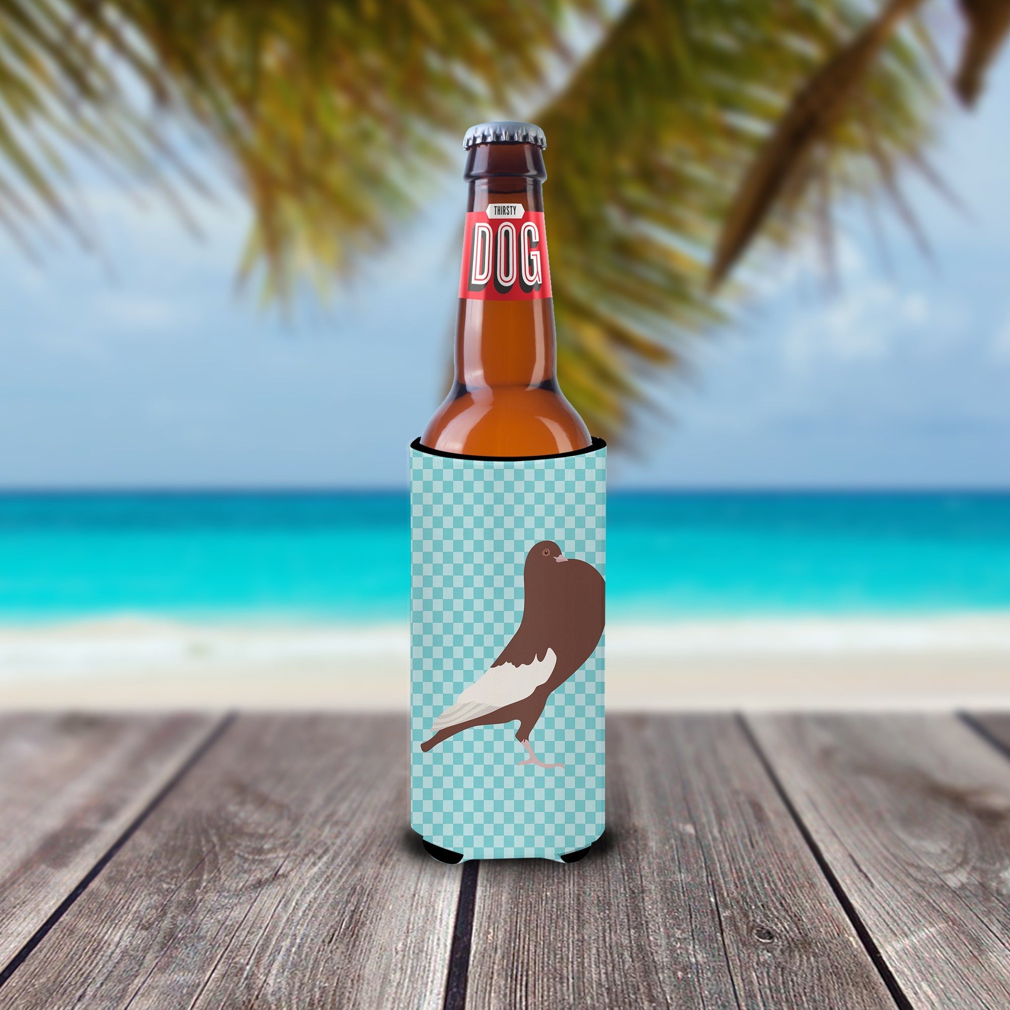 English Pouter Pigeon Blue Check Slim Can Hugger , Insulated Foam Hugger for 12 oz Slim Cans, Beer Bottles & Water Bottles, Printed in USA