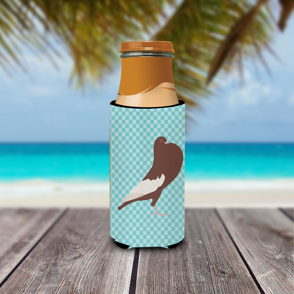 English Pouter Pigeon Blue Check Slim Can Hugger , Insulated Foam Hugger for 12 oz Slim Cans, Beer Bottles & Water Bottles, Printed in USA