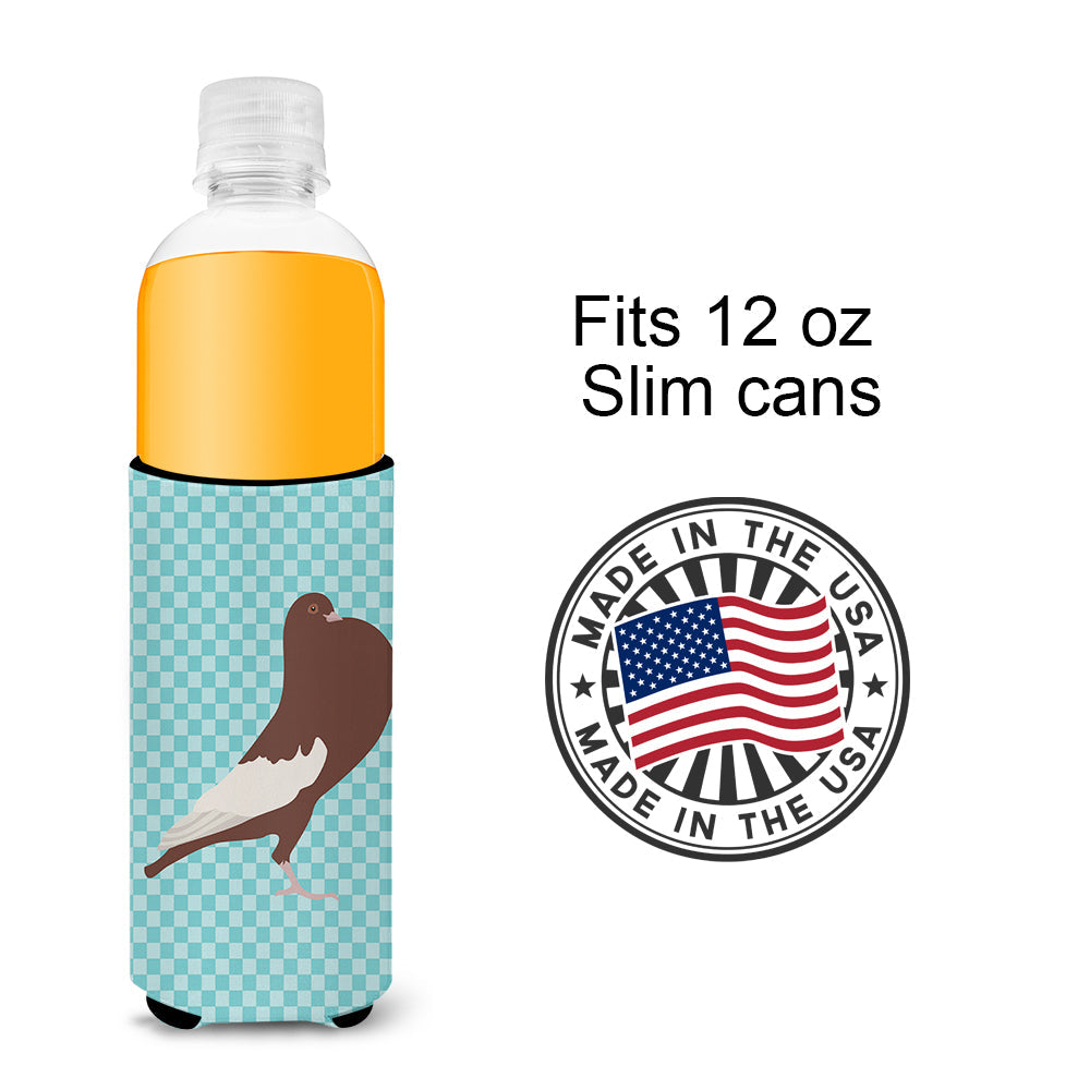 English Pouter Pigeon Blue Check Slim Can Hugger , Insulated Foam Hugger for 12 oz Slim Cans, Beer Bottles & Water Bottles, Printed in USA