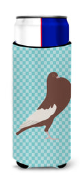 English Pouter Pigeon Blue Check Slim Can Hugger , Insulated Foam Hugger for 12 oz Slim Cans, Beer Bottles & Water Bottles, Printed in USA