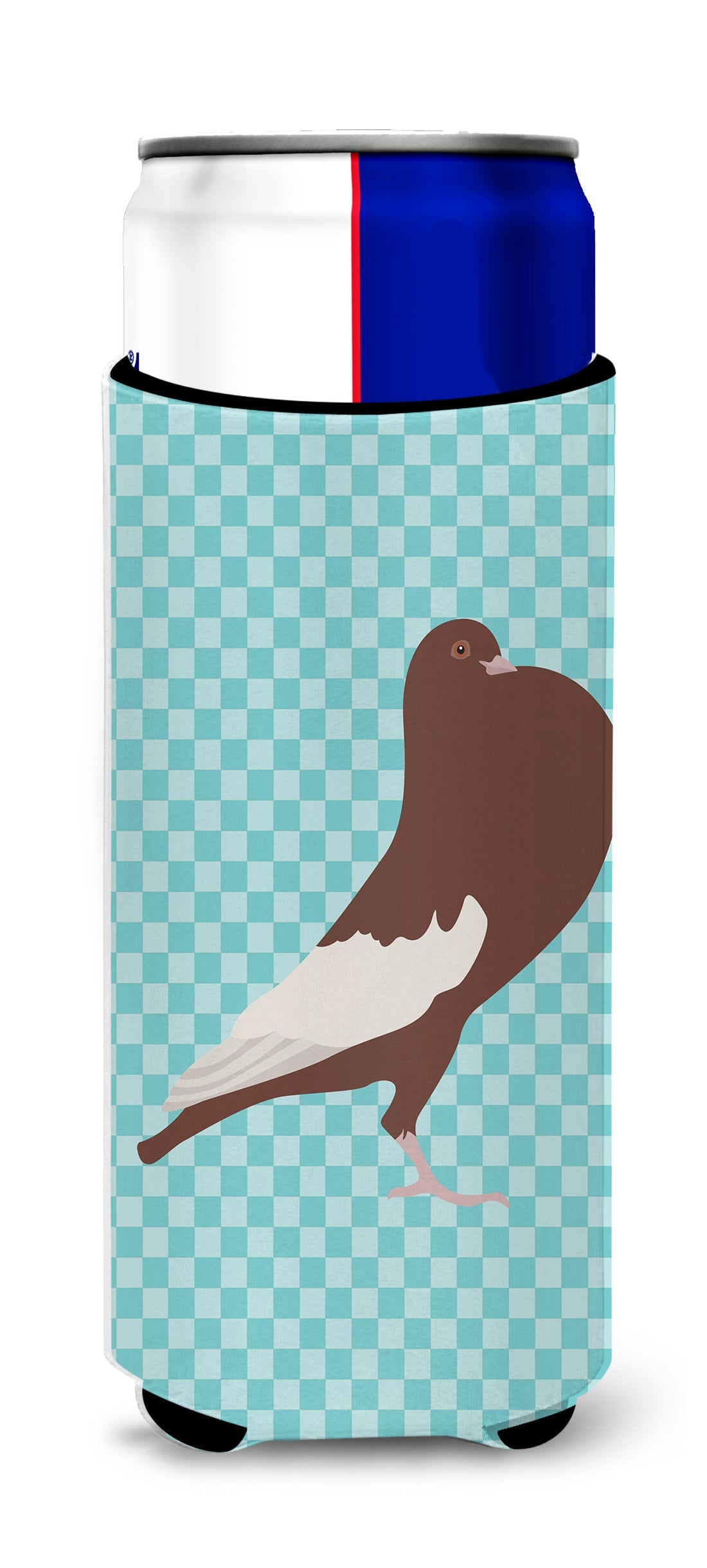 English Pouter Pigeon Blue Check Slim Can Hugger , Insulated Foam Hugger for 12 oz Slim Cans, Beer Bottles & Water Bottles, Printed in USA