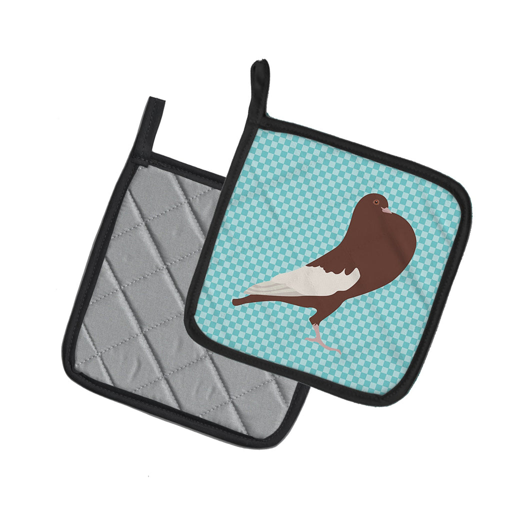 English Pouter Pigeon Blue Check Pot Holder Set of 2 Heat Resistant Quilted Hot Pads 7.5 x 7.5 Inch, Insulated Kitchen Trivets for Cooking & Baking
