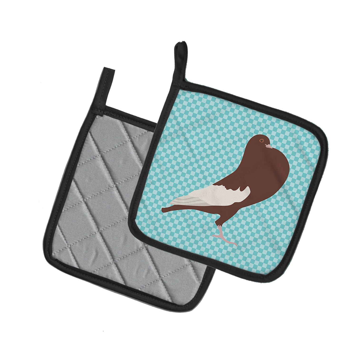 English Pouter Pigeon Blue Check Pot Holder Set of 2 Heat Resistant Quilted Hot Pads 7.5 x 7.5 Inch, Insulated Kitchen Trivets for Cooking & Baking