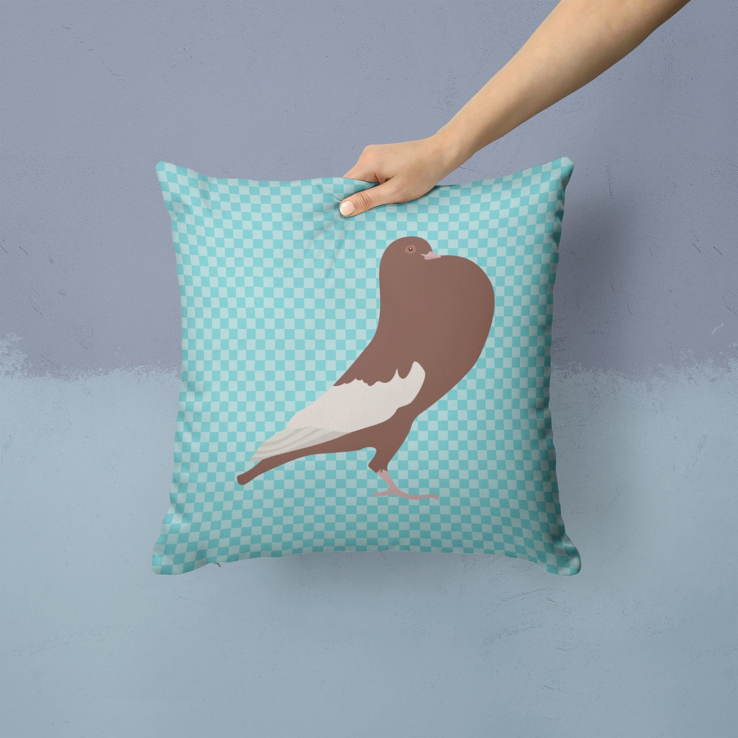 English Pouter Pigeon Blue Check Decorative Throw Pillow 14x14 Indoor Outdoor Accent Cushion, Fabric Cover with Insert for Sofa, Bed, Porch & Living Room