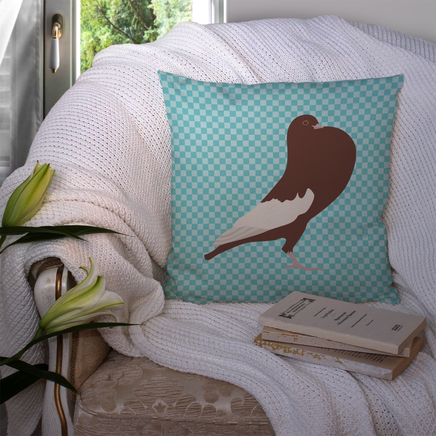English Pouter Pigeon Blue Check Decorative Throw Pillow 14x14 Indoor Outdoor Accent Cushion, Fabric Cover with Insert for Sofa, Bed, Porch & Living Room
