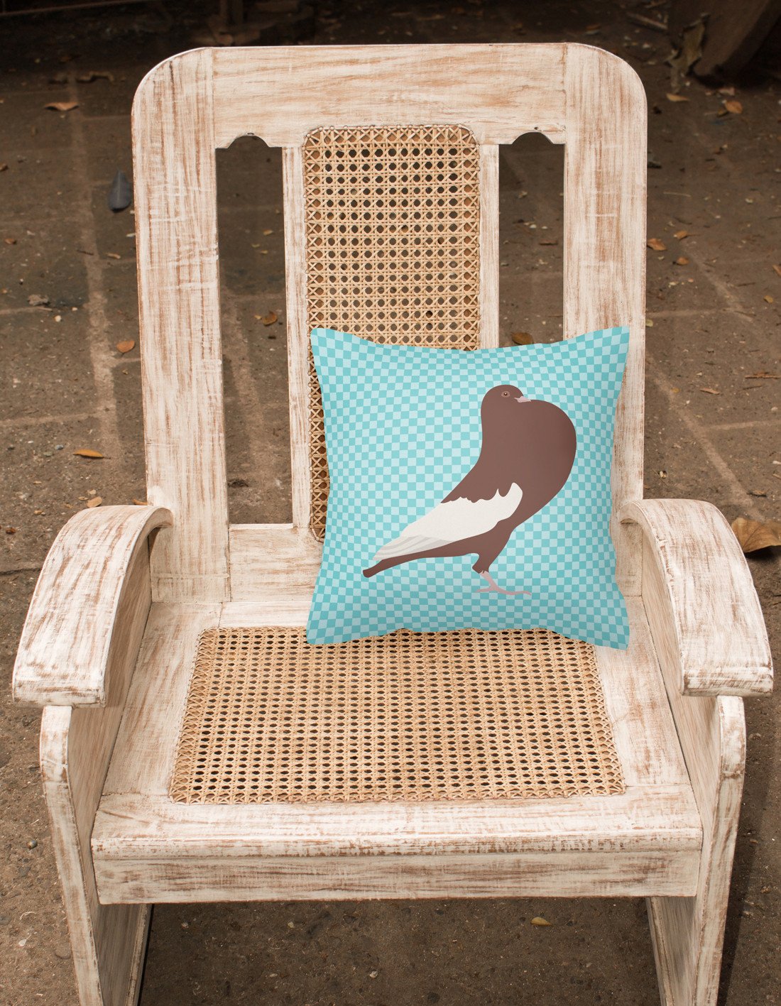 English Pouter Pigeon Blue Check Decorative Throw Pillow 18x18 Indoor Outdoor Accent Cushion, Fabric Cover with Insert for Sofa, Bed, Porch & Living Room