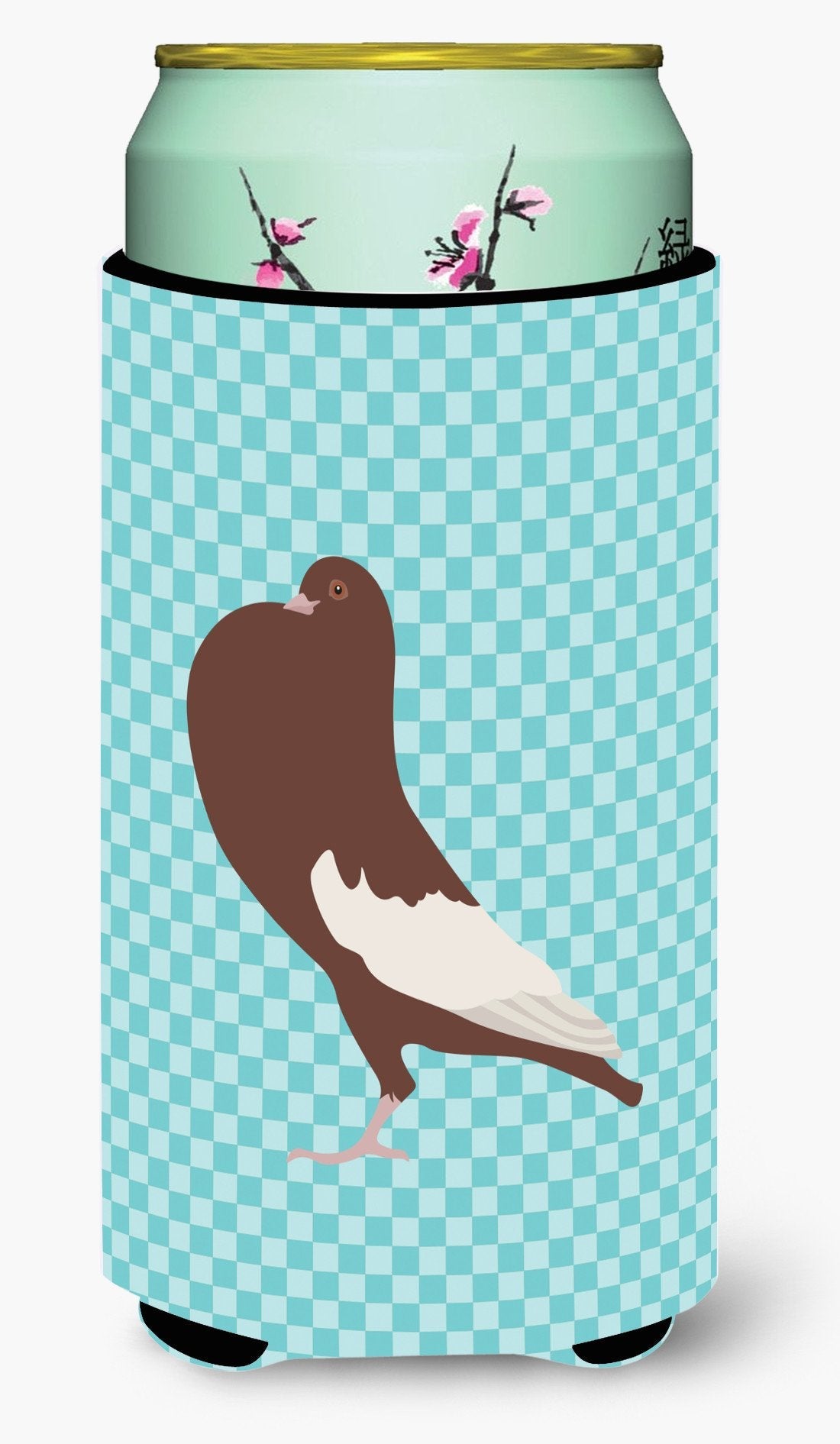 English Pouter Pigeon Blue Check Tall Boy Hugger Can Cooler Sleeve Machine Washable Drink Collapsible Insulator Beverage Insulated Holder