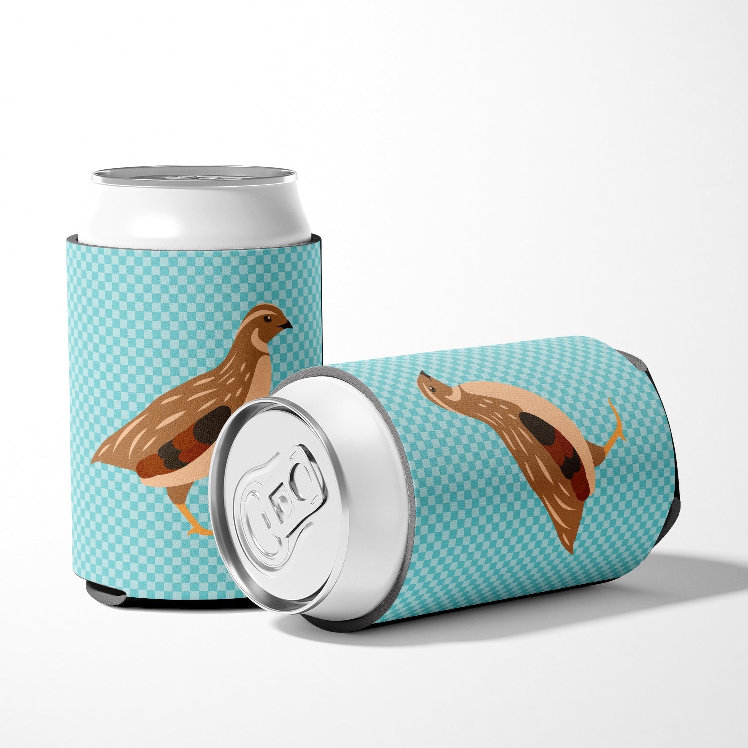 Golden Phoenix Quail Blue Check Can or Bottle Hugger Cooler Sleeve for Standard 12 oz Cans, Insulated Foam Beer & Soda Can Hugger Reusable