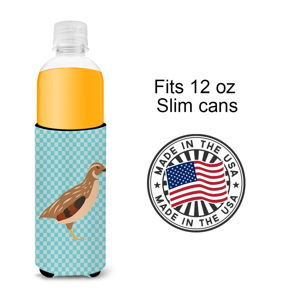 Golden Phoenix Quail Blue Check Slim Can Hugger , Insulated Foam Hugger for 12 oz Slim Cans, Beer Bottles & Water Bottles, Printed in USA