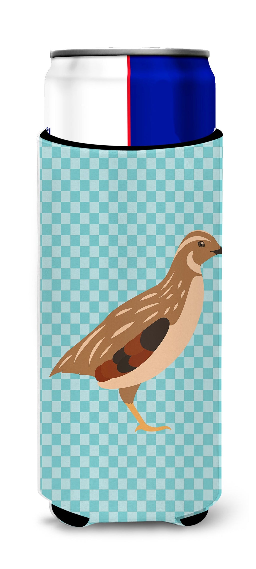 Golden Phoenix Quail Blue Check Slim Can Hugger , Insulated Foam Hugger for 12 oz Slim Cans, Beer Bottles & Water Bottles, Printed in USA