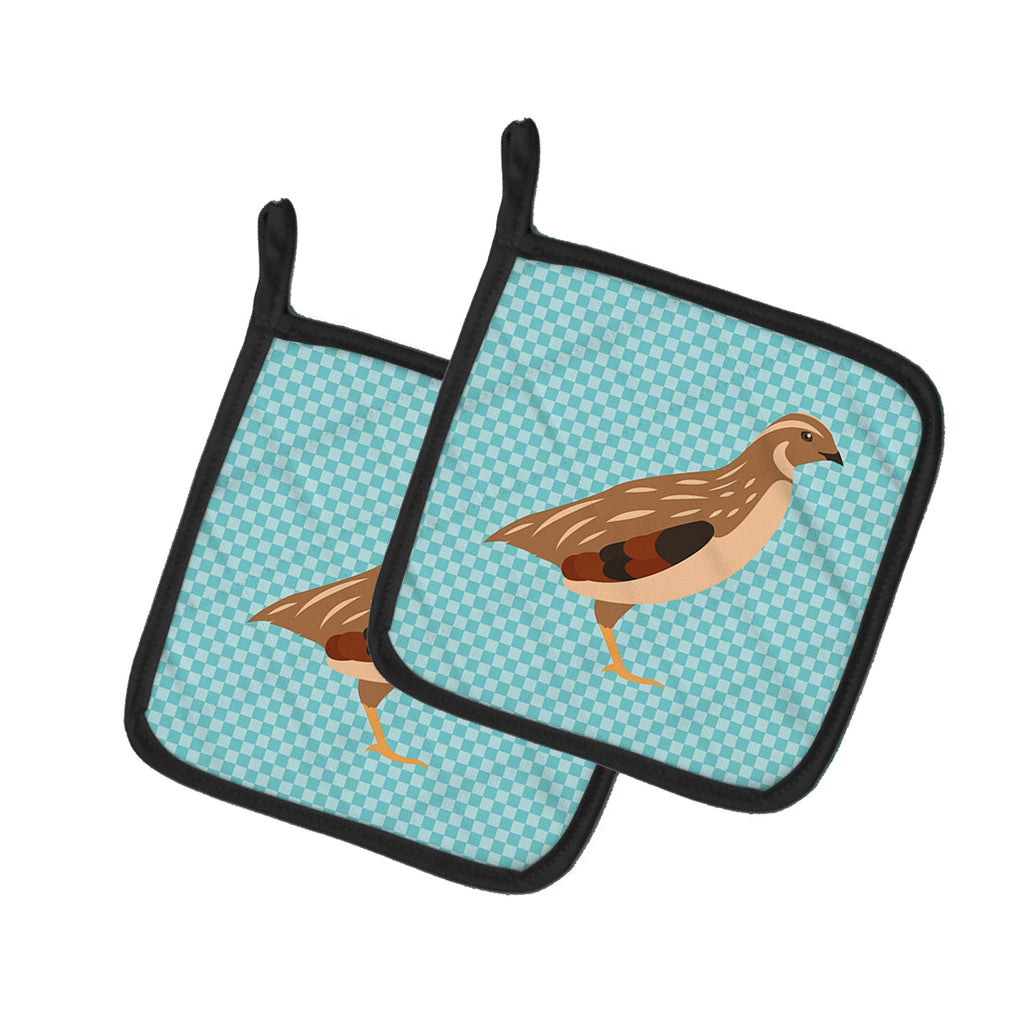 Golden Phoenix Quail Blue Check Pot Holder Set of 2 Heat Resistant Quilted Hot Pads 7.5 x 7.5 Inch, Insulated Kitchen Trivets for Cooking & Baking