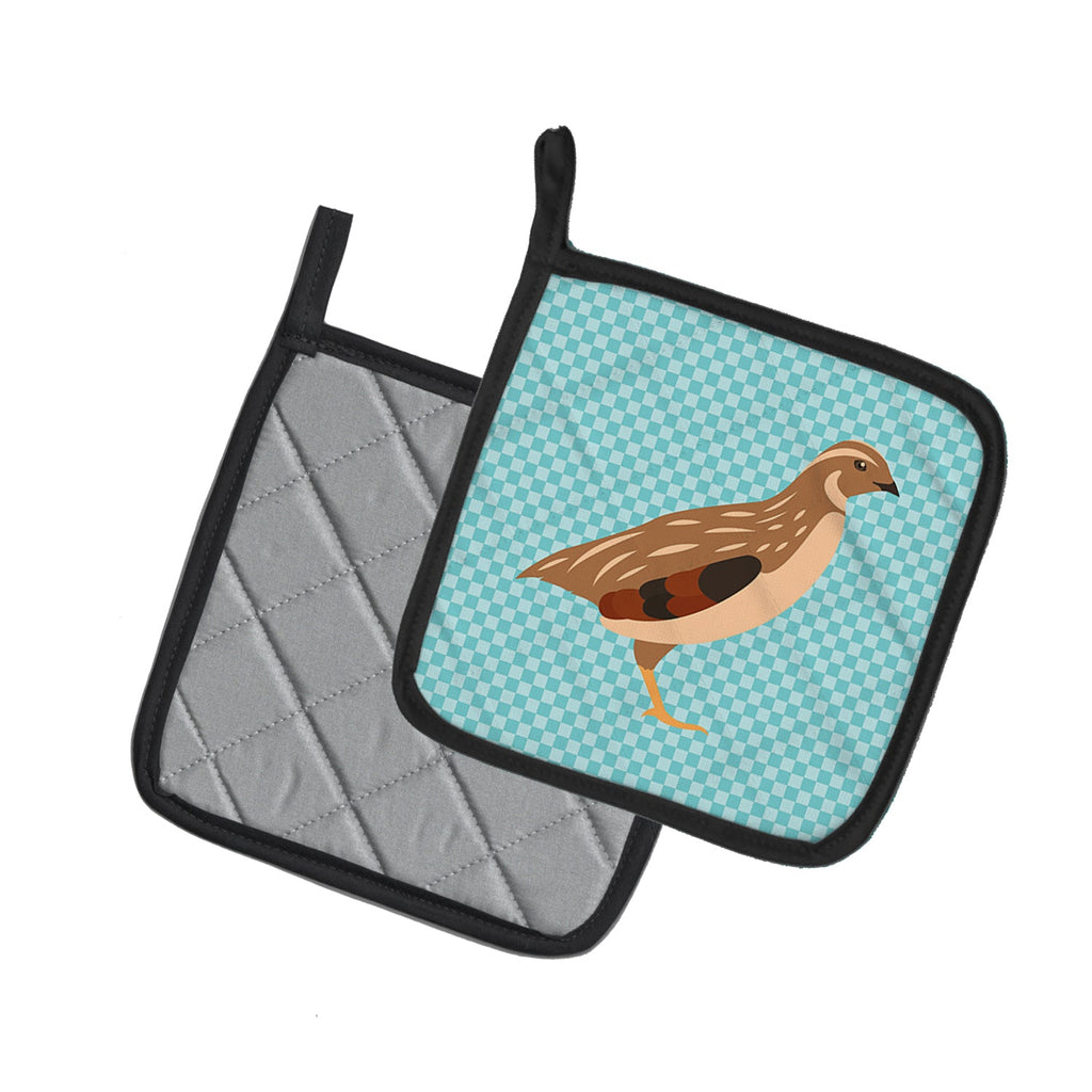 Golden Phoenix Quail Blue Check Pot Holder Set of 2 Heat Resistant Quilted Hot Pads 7.5 x 7.5 Inch, Insulated Kitchen Trivets for Cooking & Baking