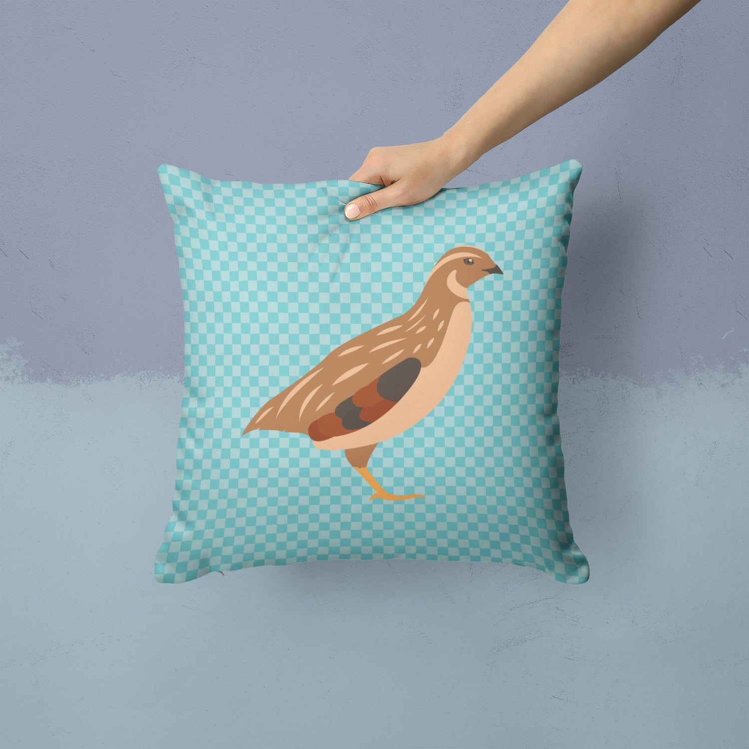 Golden Phoenix Quail Blue Check Decorative Throw Pillow 14x14 Indoor Outdoor Accent Cushion, Fabric Cover with Insert for Sofa, Bed, Porch & Living Room