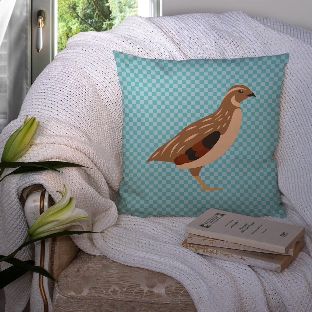 Golden Phoenix Quail Blue Check Decorative Throw Pillow 14x14 Indoor Outdoor Accent Cushion, Fabric Cover with Insert for Sofa, Bed, Porch & Living Room