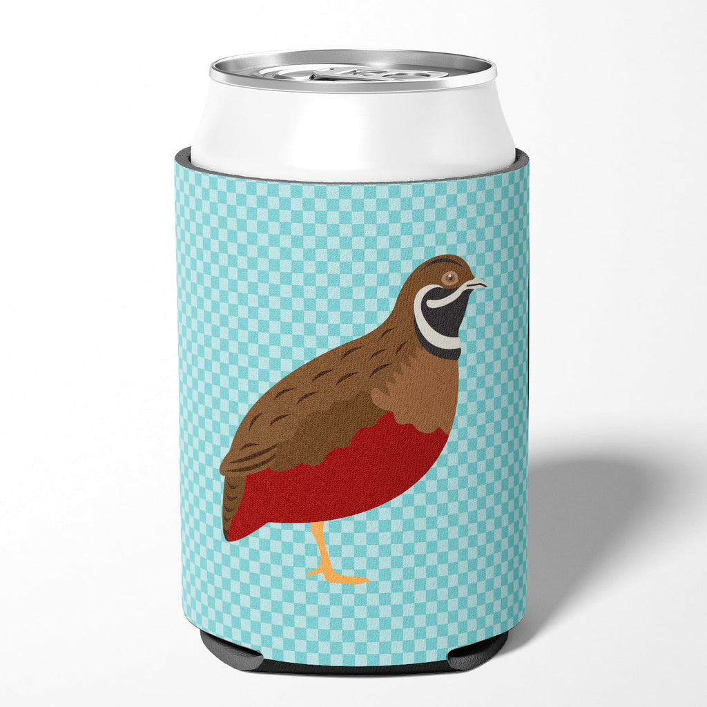 Chinese Painted or King Quail Blue Check Can or Bottle Hugger Cooler Sleeve for Standard 12 oz Cans, Insulated Foam Beer & Soda Can Hugger Reusable
