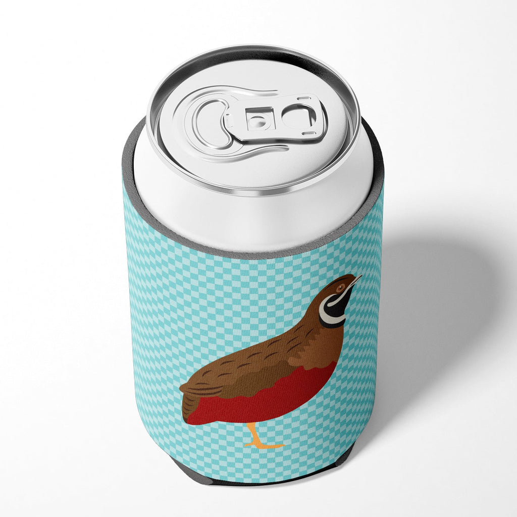 Chinese Painted or King Quail Blue Check Can or Bottle Hugger Cooler Sleeve for Standard 12 oz Cans, Insulated Foam Beer & Soda Can Hugger Reusable