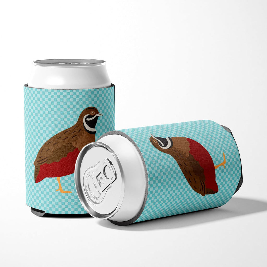 Chinese Painted or King Quail Blue Check Can or Bottle Hugger Cooler Sleeve for Standard 12 oz Cans, Insulated Foam Beer & Soda Can Hugger Reusable