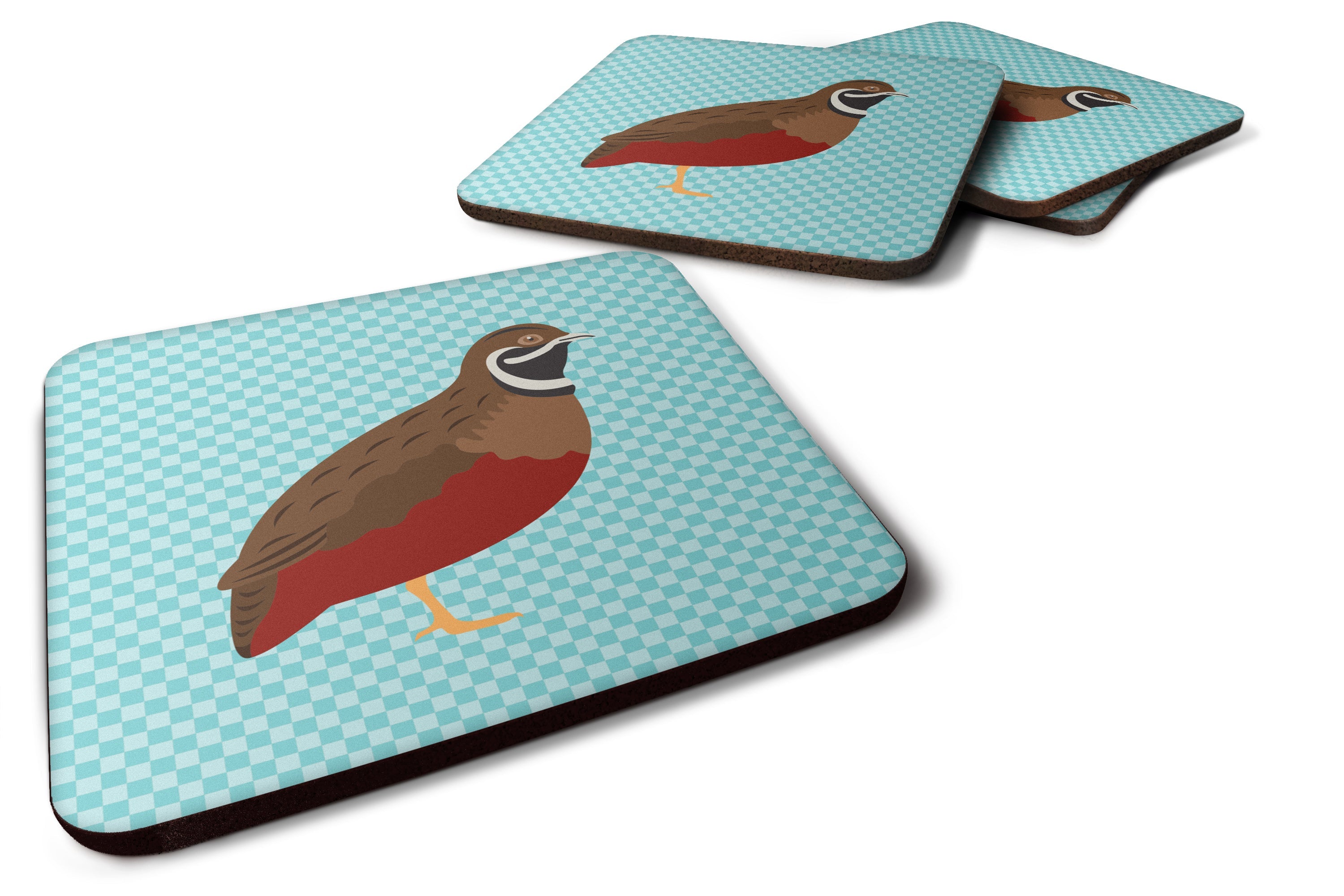 Chinese Painted or King Quail Blue Check Foam Coasters Set of 4 Cup Coasters for Indoor Outdoor, Tabletop Protection, Anti Slip, Mouse pad Material