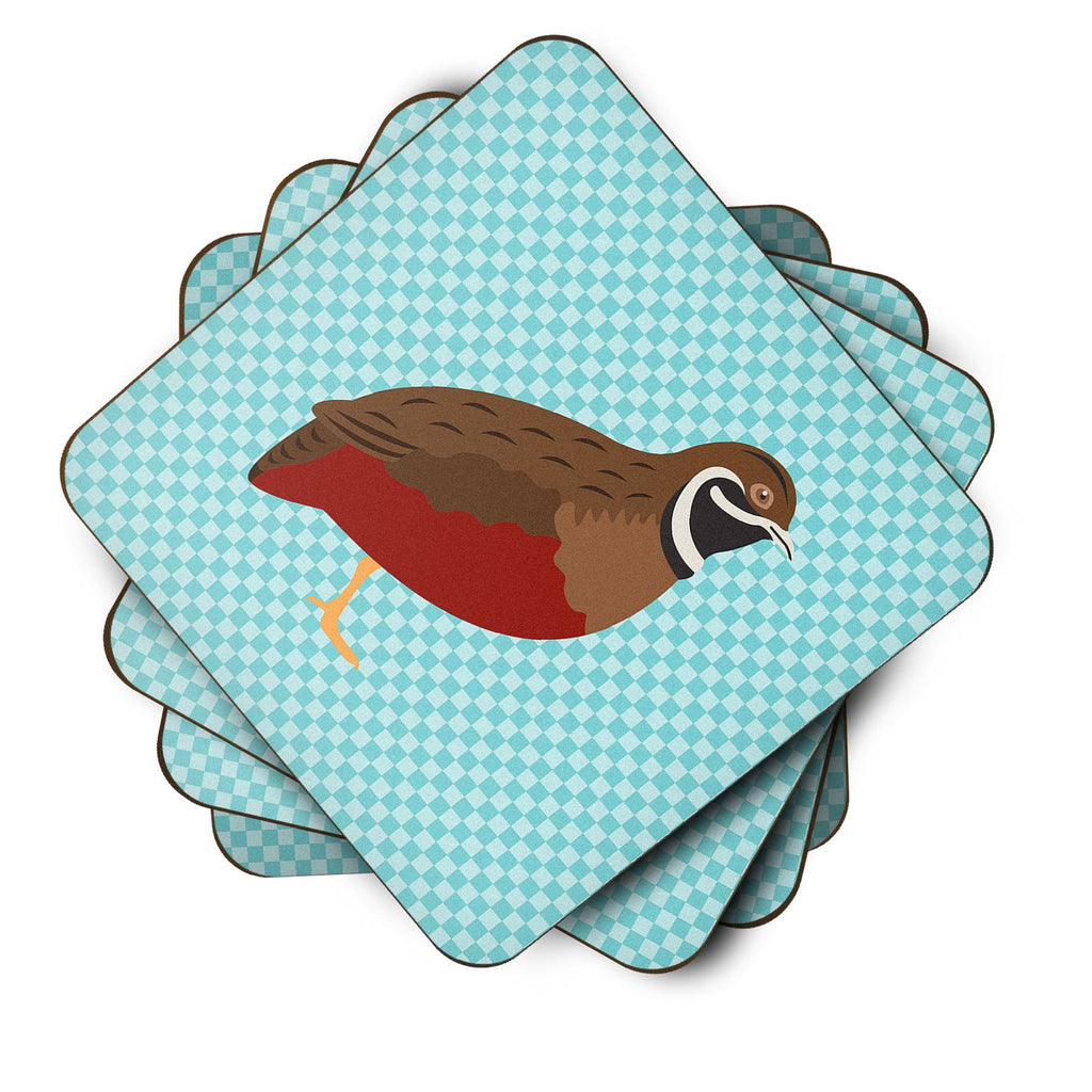Chinese Painted or King Quail Blue Check Foam Coasters Set of 4 Cup Coasters for Indoor Outdoor, Tabletop Protection, Anti Slip, Mouse pad Material