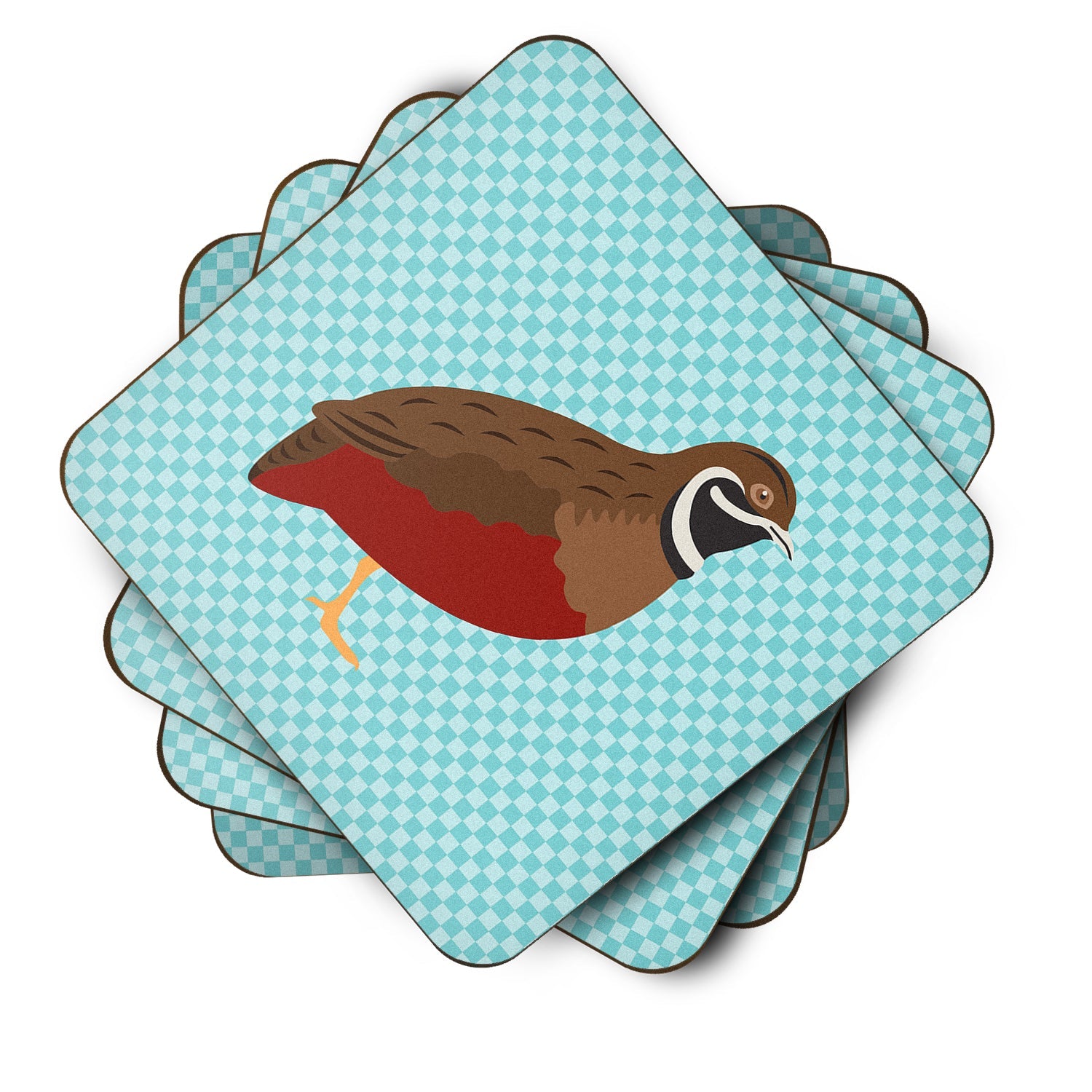 Chinese Painted or King Quail Blue Check Foam Coasters Set of 4 Cup Coasters for Indoor Outdoor, Tabletop Protection, Anti Slip, Mouse pad Material