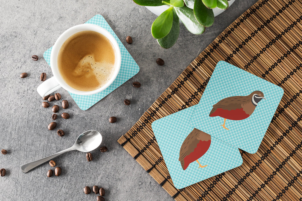 Chinese Painted or King Quail Blue Check Foam Coasters Set of 4 Cup Coasters for Indoor Outdoor, Tabletop Protection, Anti Slip, Mouse pad Material