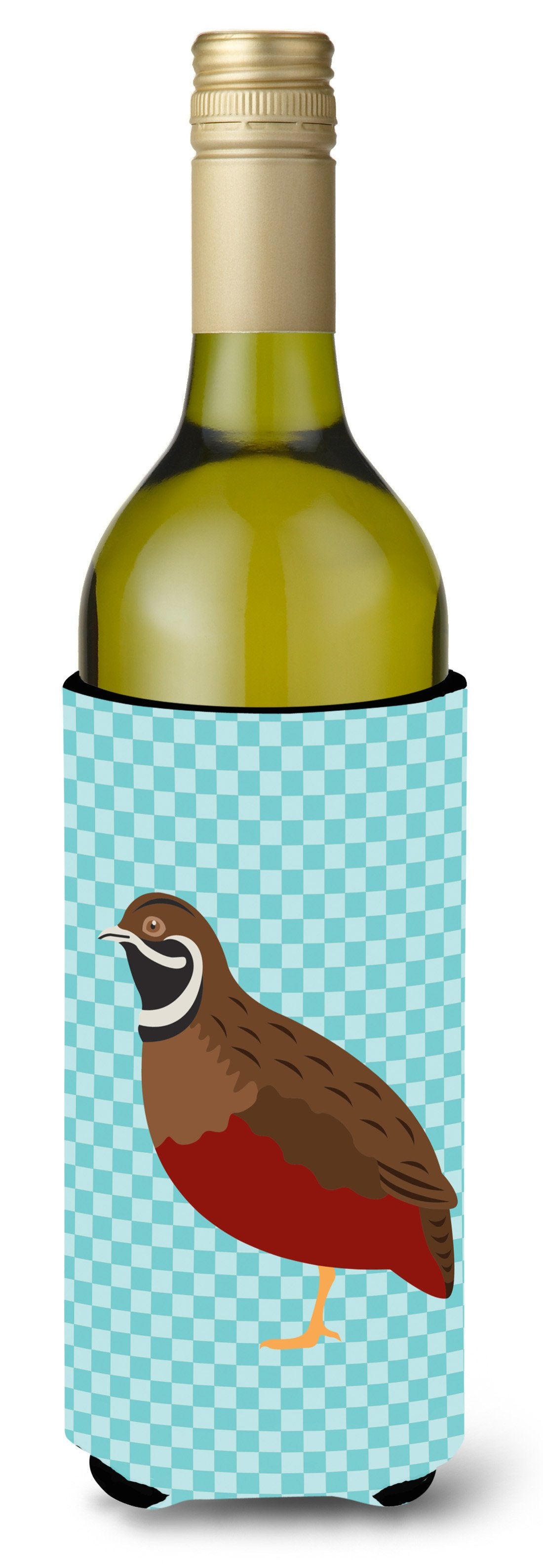 Chinese Painted or King Quail Blue Check Wine Bottle Hugger Gift Sleeve for Standard 750 ml Bottles, Insulated Reusable Also Fits Mini Shot & Pint Bottles