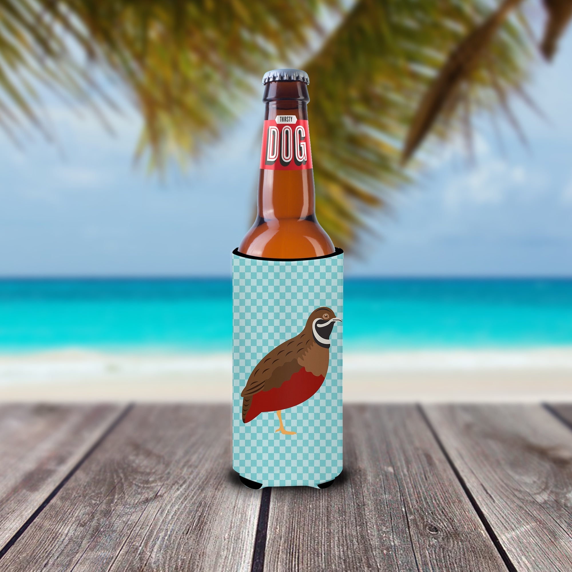 Chinese Painted or King Quail Blue Check Slim Can Hugger , Insulated Foam Hugger for 12 oz Slim Cans, Beer Bottles & Water Bottles, Printed in USA