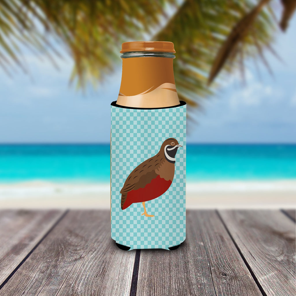 Chinese Painted or King Quail Blue Check Slim Can Hugger , Insulated Foam Hugger for 12 oz Slim Cans, Beer Bottles & Water Bottles, Printed in USA
