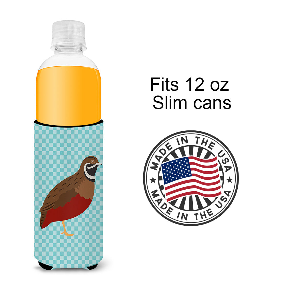Chinese Painted or King Quail Blue Check Slim Can Hugger , Insulated Foam Hugger for 12 oz Slim Cans, Beer Bottles & Water Bottles, Printed in USA