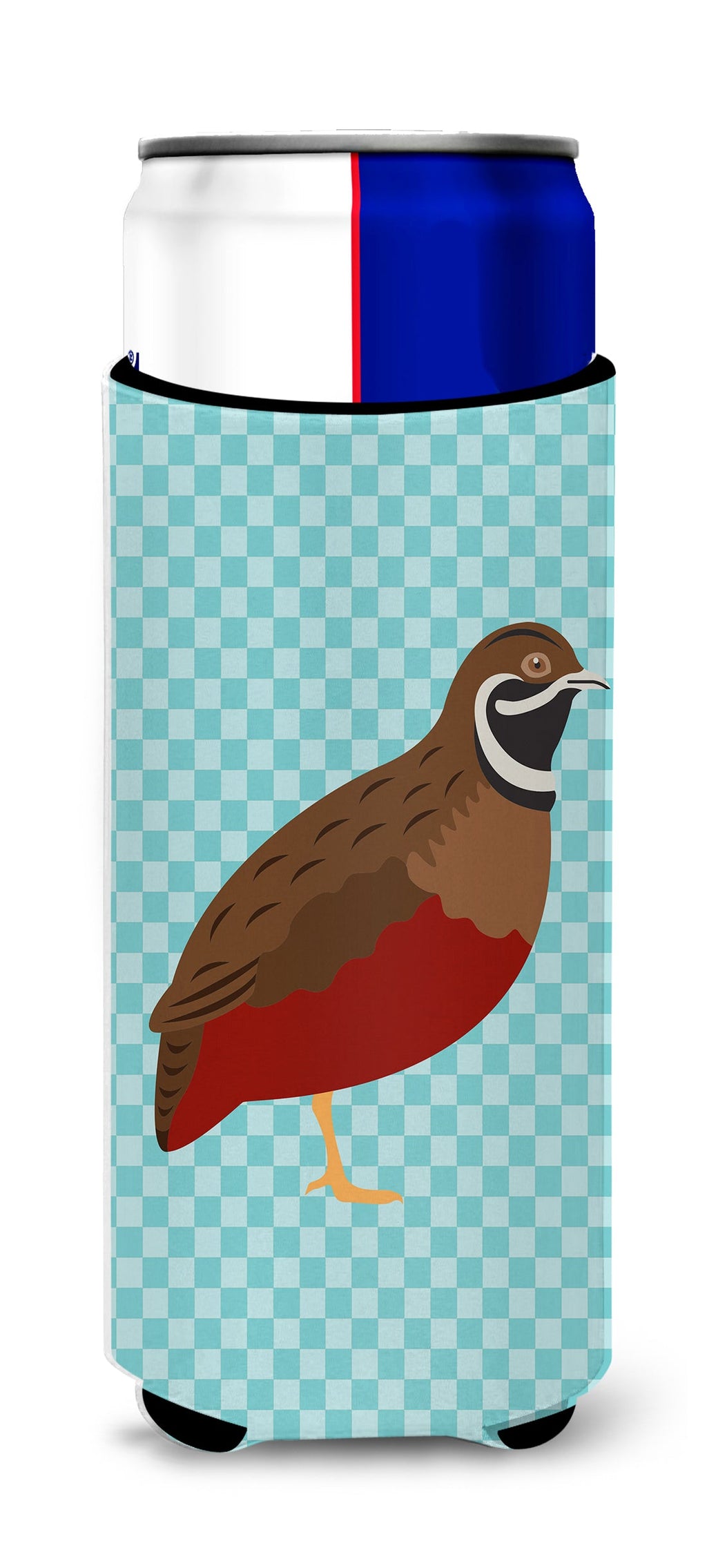 Chinese Painted or King Quail Blue Check Slim Can Hugger , Insulated Foam Hugger for 12 oz Slim Cans, Beer Bottles & Water Bottles, Printed in USA