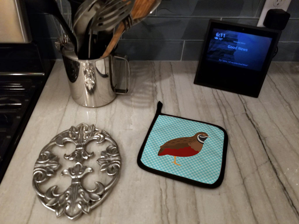 Chinese Painted or King Quail Blue Check Pot Holder Set of 2 Heat Resistant Quilted Hot Pads 7.5 x 7.5 Inch, Insulated Kitchen Trivets for Cooking & Baking